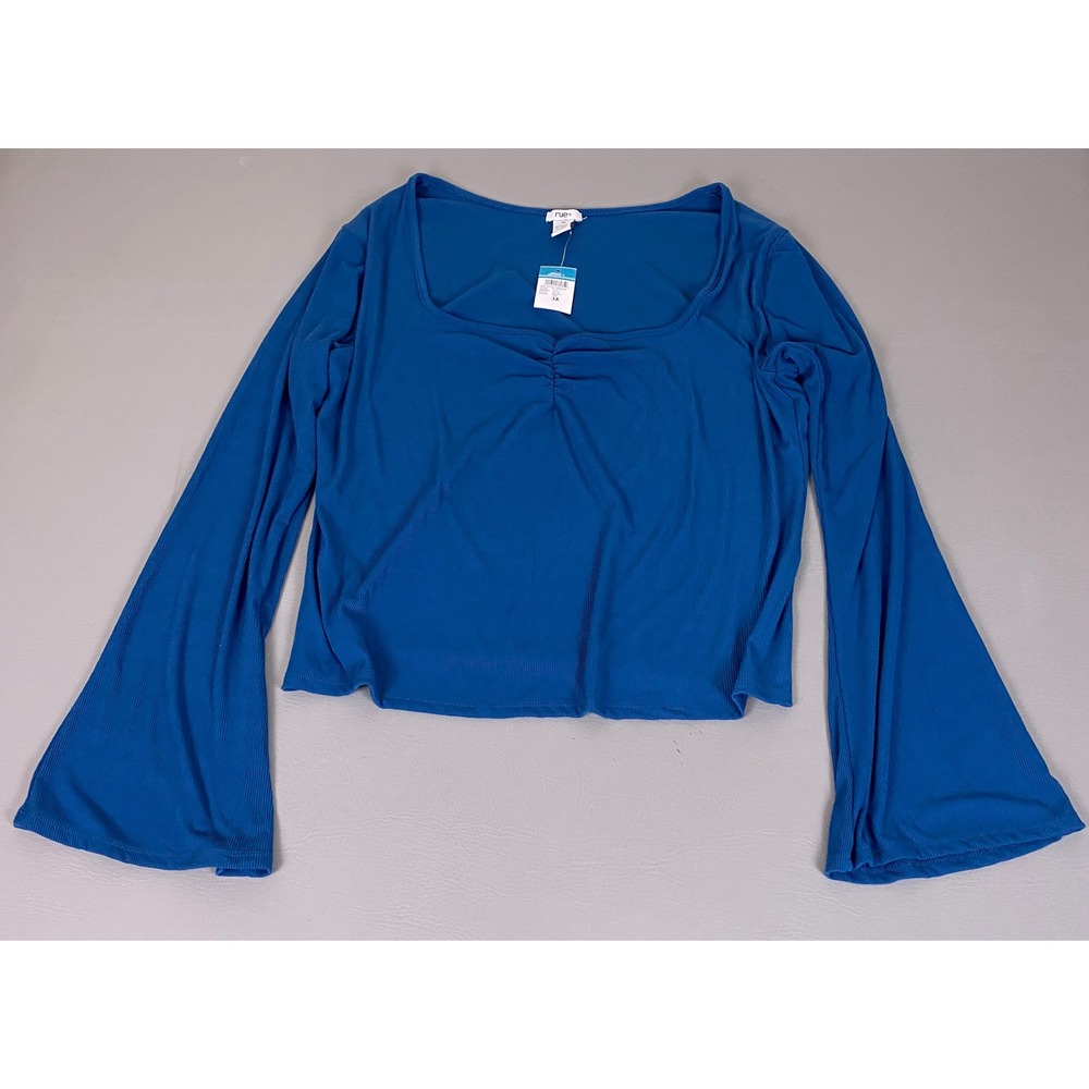 Rue+ Blouse Top Women's 3X Cropped‎ Blue Ribbed Square Neck Long Bell Sleeve NWT